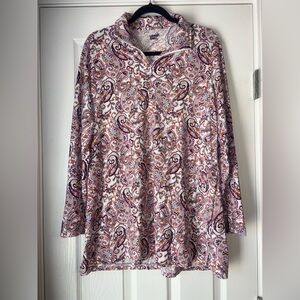 Lands' End women's 1/4 Zip Pullover Tunic Purple Paisley Blouse Size XL Pockets